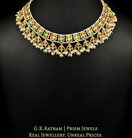 23k Gold and Diamond Polki Necklace set with ruby-red and emerald-green stones