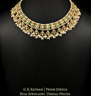 23k Gold and Diamond Polki Necklace set with ruby-red and emerald-green stones