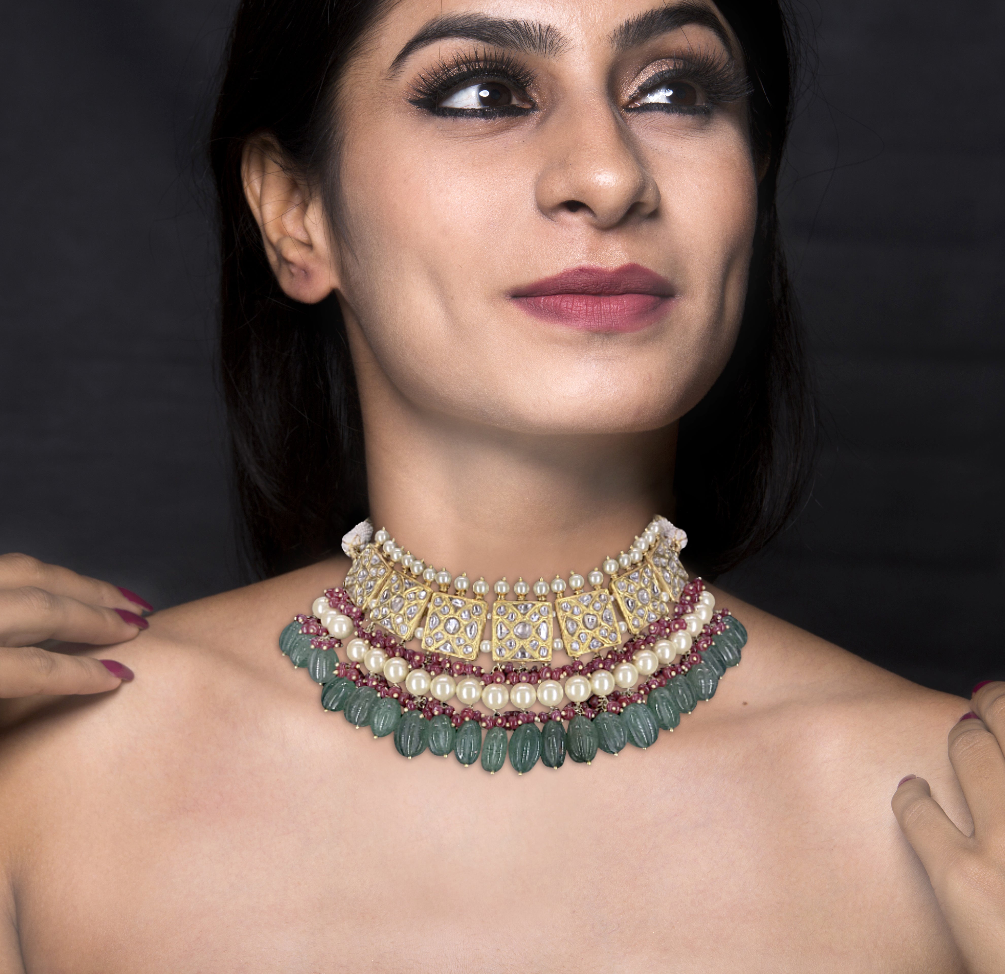 23k Gold and Diamond Polki Choker Necklace Set with Green Strawberry Quartz, Rubies and Pearls