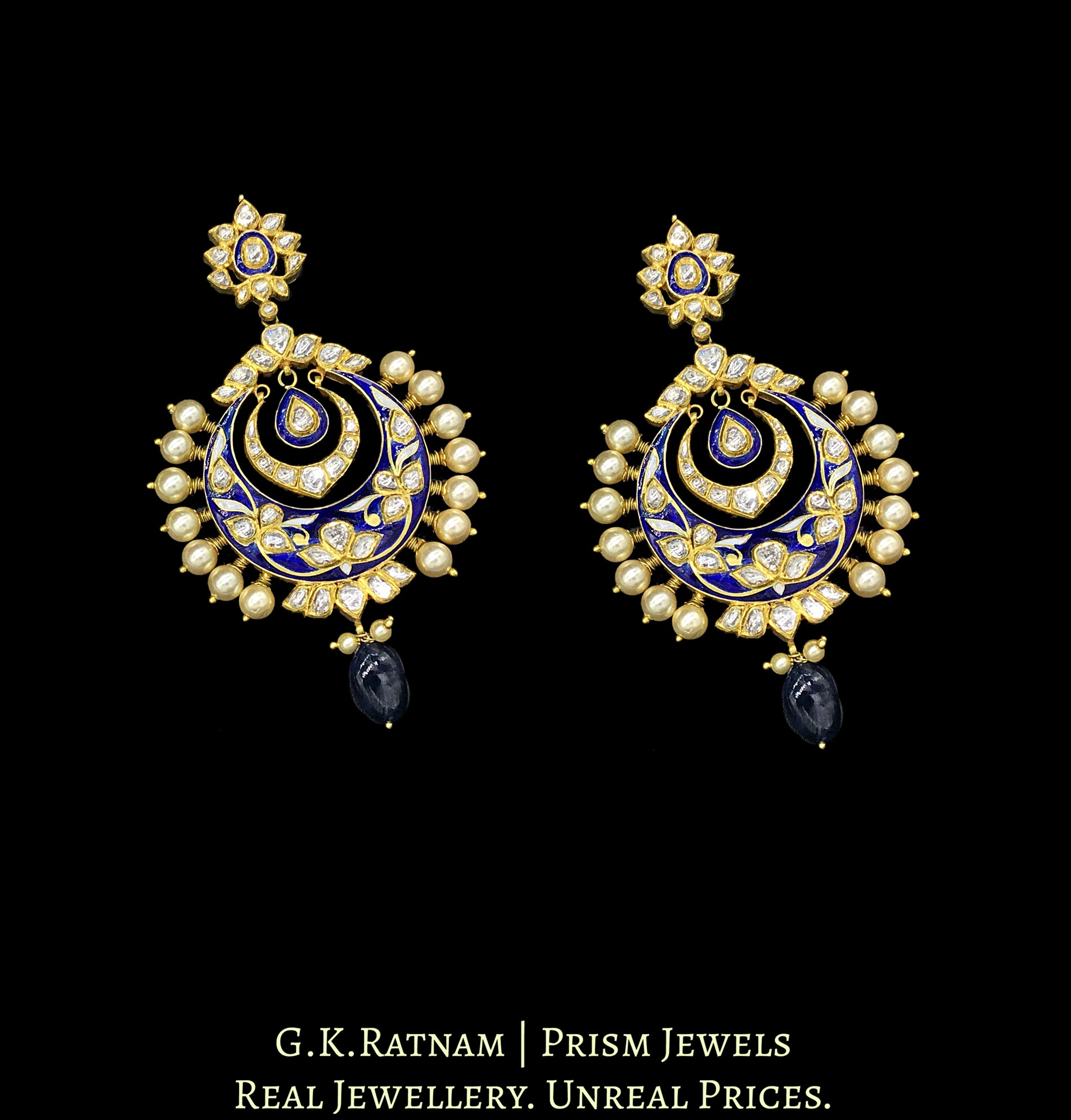 18k Gold and Diamond Polki Royal Blue enamel Chand Bali Earring Pair with pearl spikes - G. K. Ratnam