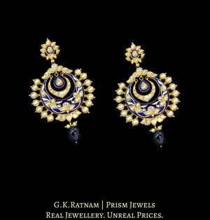 18k Gold and Diamond Polki Royal Blue enamel Chand Bali Earring Pair with pearl spikes - G. K. Ratnam