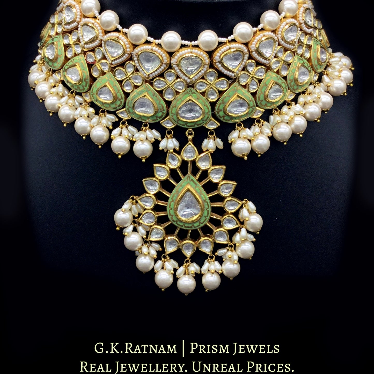 18k Gold and Diamond Polki Choker Necklace Set with elegant parrot green enamel - G. K. Ratnam
