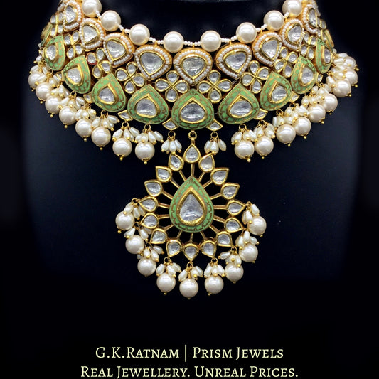 18k Gold and Diamond Polki Choker Necklace Set with elegant parrot green enamel - G. K. Ratnam