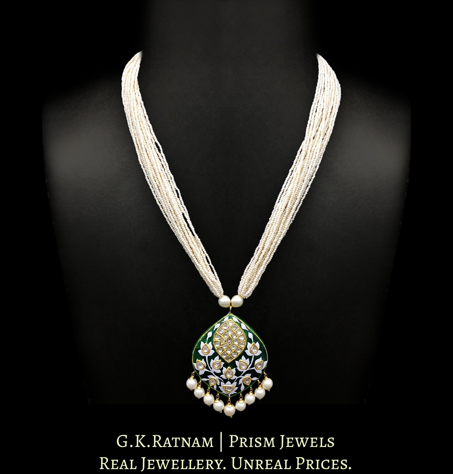 23k Gold and Diamond Polki marquise-shaped Pendant with exquisite green and white pottery