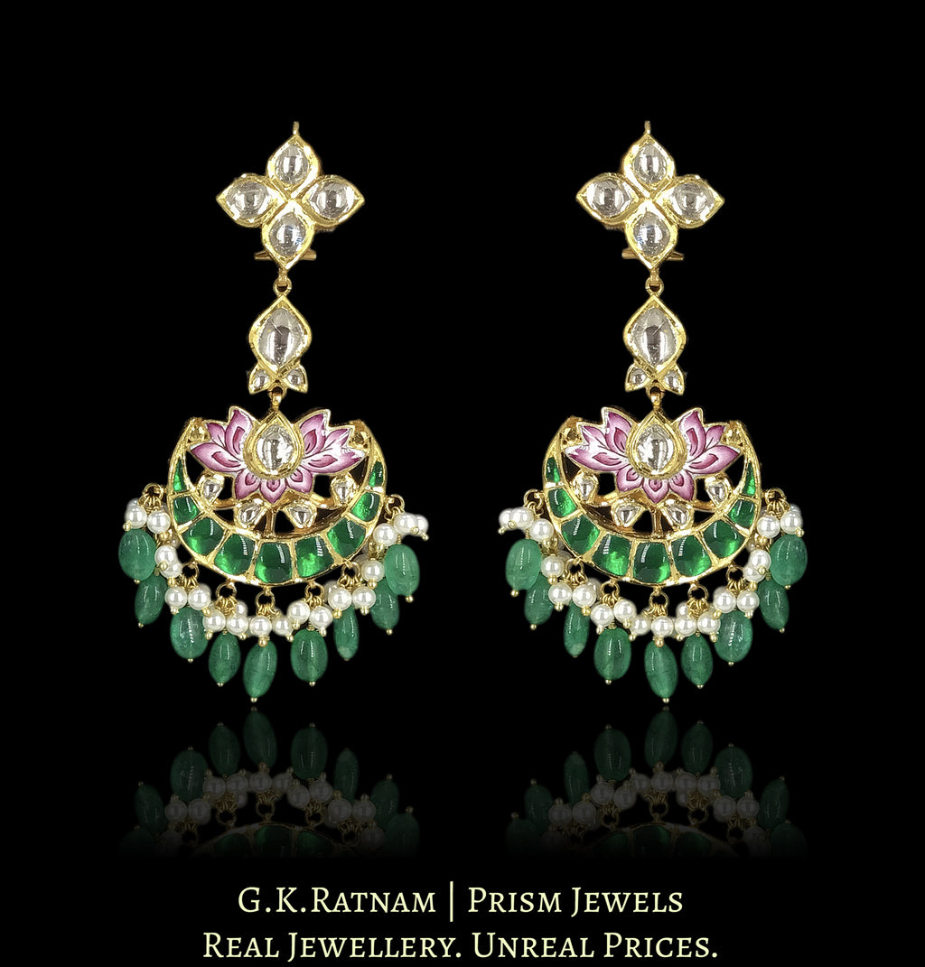 18k Gold and Diamond Polki Long Earring Pair with intricate Pink Enamelling