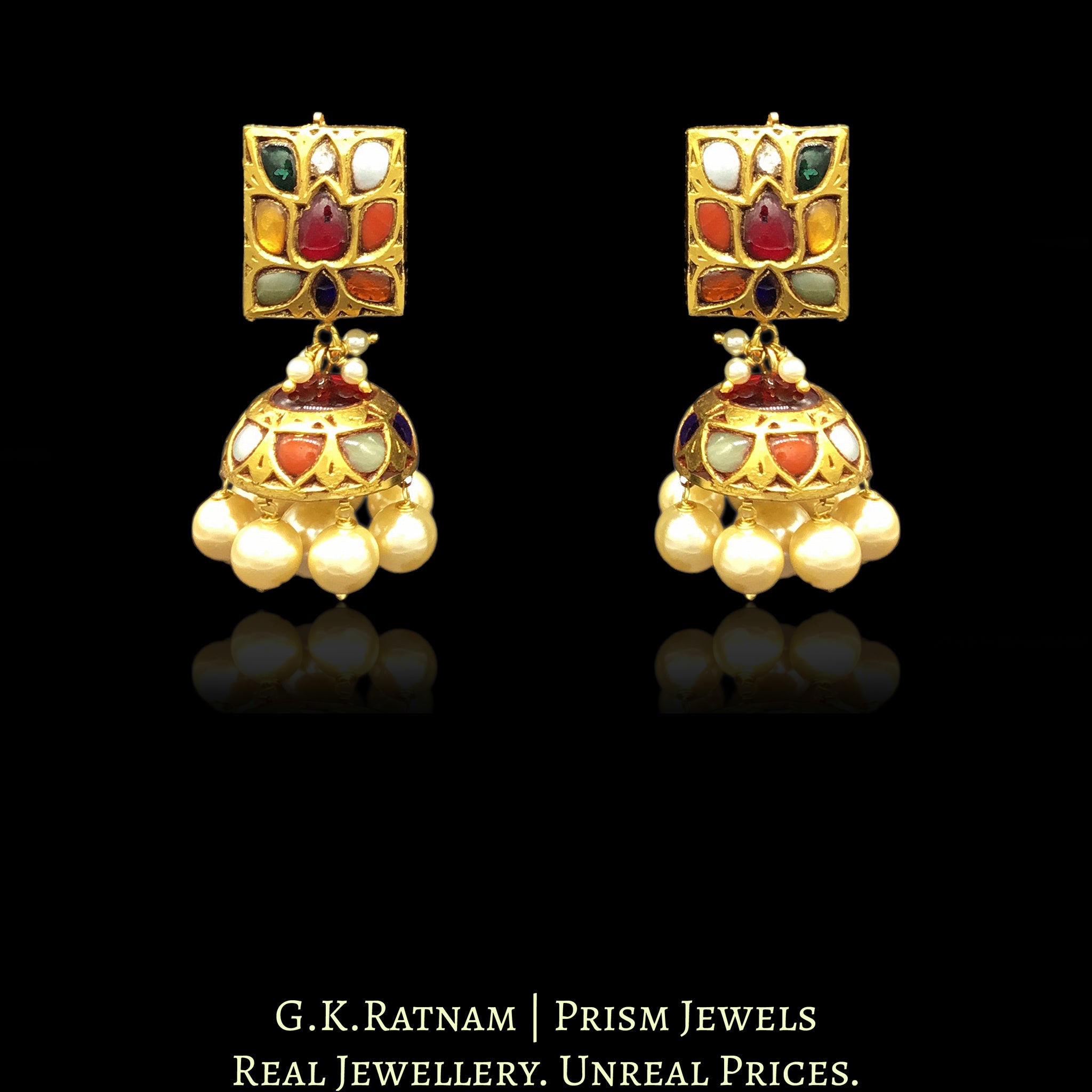 23k Gold and Diamond Polki Navratna rectangle-shaped Tops & Jhumki Earring Pair with lustrous pearls - G. K. Ratnam