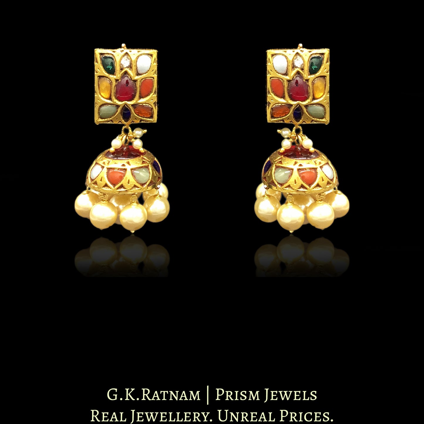 23k Gold and Diamond Polki Navratna rectangle-shaped Tops & Jhumki Earring Pair with lustrous pearls - G. K. Ratnam