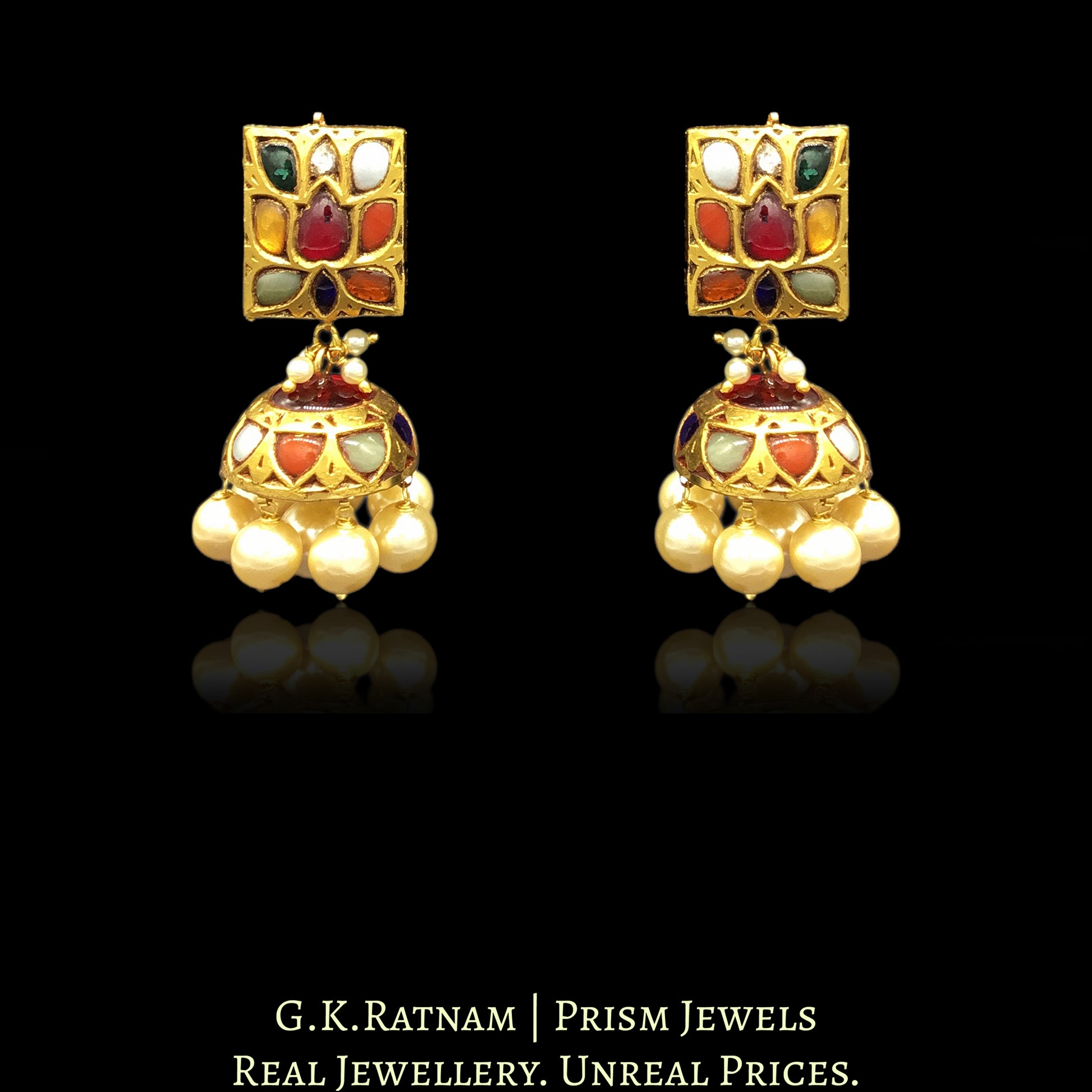 23k Gold and Diamond Polki Navratna rectangle-shaped Tops & Jhumki Earring Pair with lustrous pearls - G. K. Ratnam