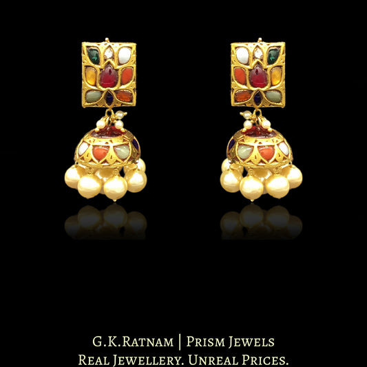 23k Gold and Diamond Polki Navratna rectangle-shaped Tops & Jhumki Earring Pair with lustrous pearls - G. K. Ratnam