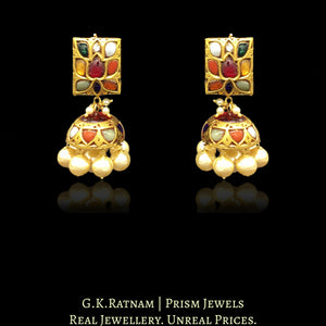 23k Gold and Diamond Polki Navratna rectangle-shaped Tops & Jhumki Earring Pair with lustrous pearls - G. K. Ratnam