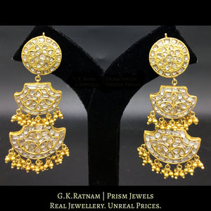 23k Gold and Diamond Polki pankhi (fan) Long Earring Pair with tiny golden beads