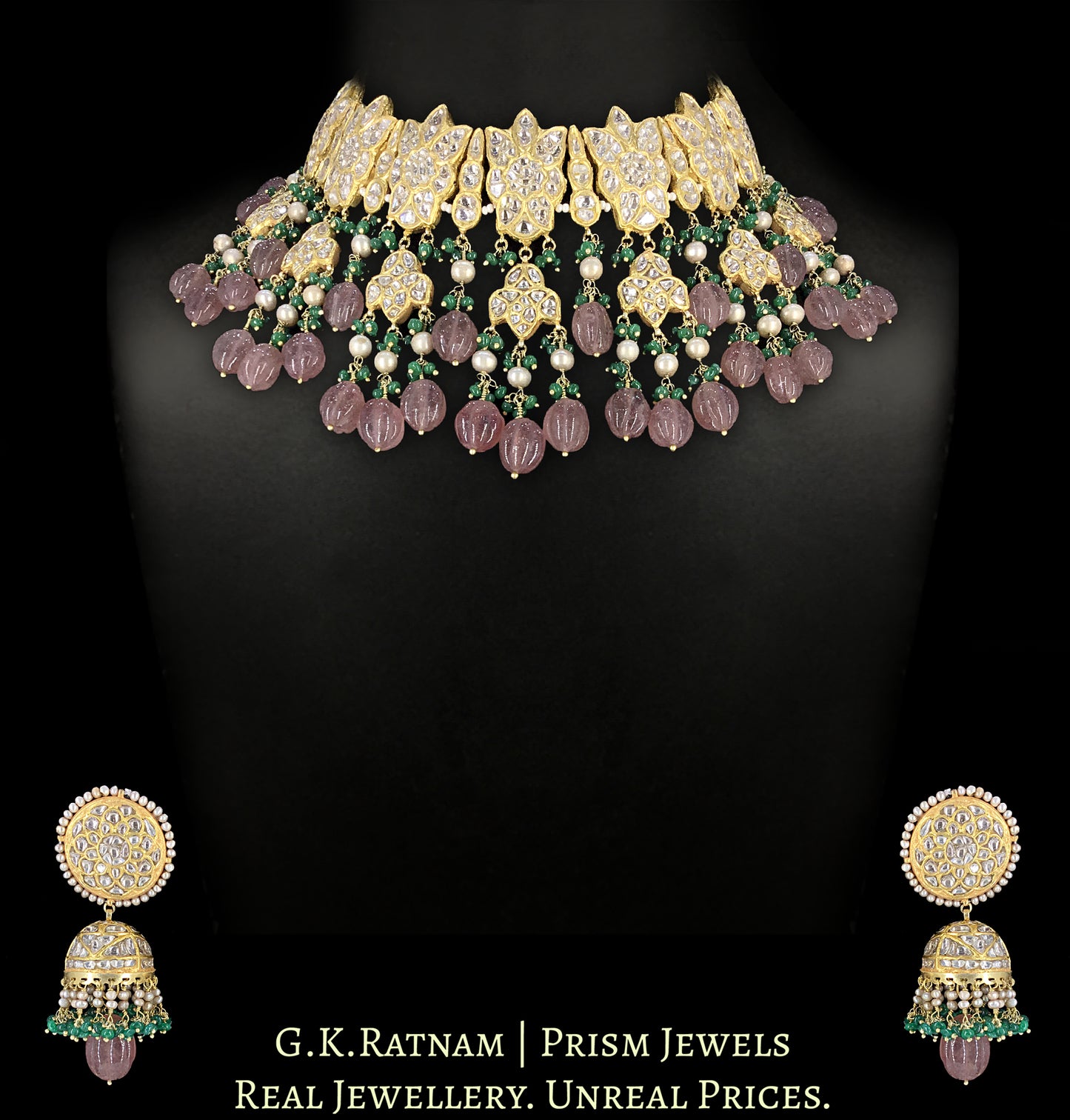 23k Gold and Diamond Polki Necklace Set with Strawberry Quartz, Green Beryls and Antiqued Pearls