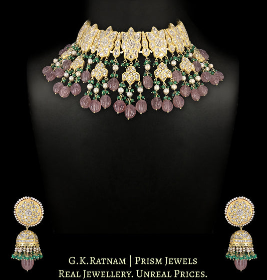 23k Gold and Diamond Polki Necklace Set with Strawberry Quartz, Green Beryls and Antiqued Pearls