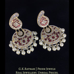 23k Gold and Diamond Polki Red Chand Bali Earring Pair With Pearls