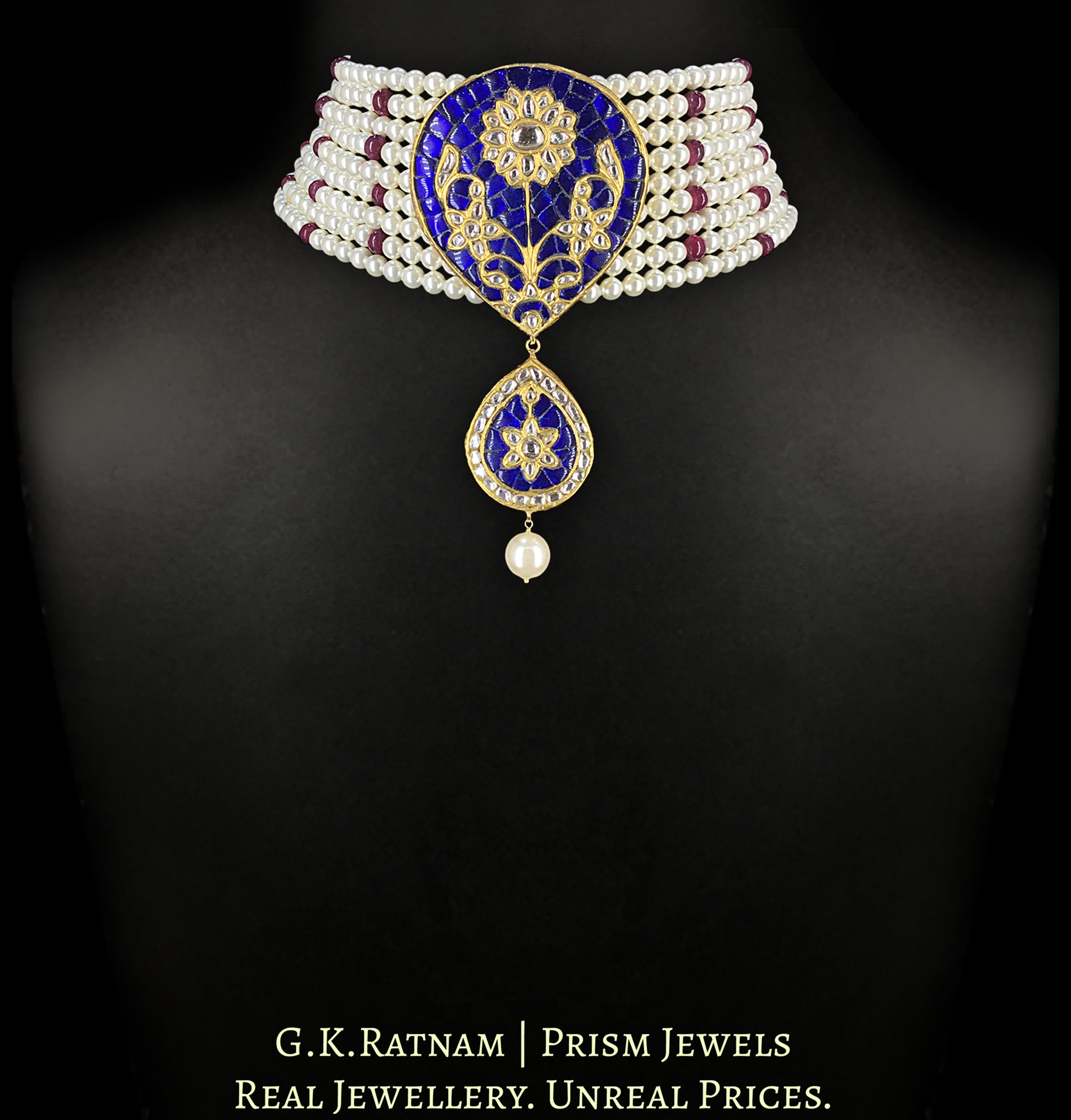 23k Gold and Diamond Polki Choker Necklace Set in Pearls and Rubies