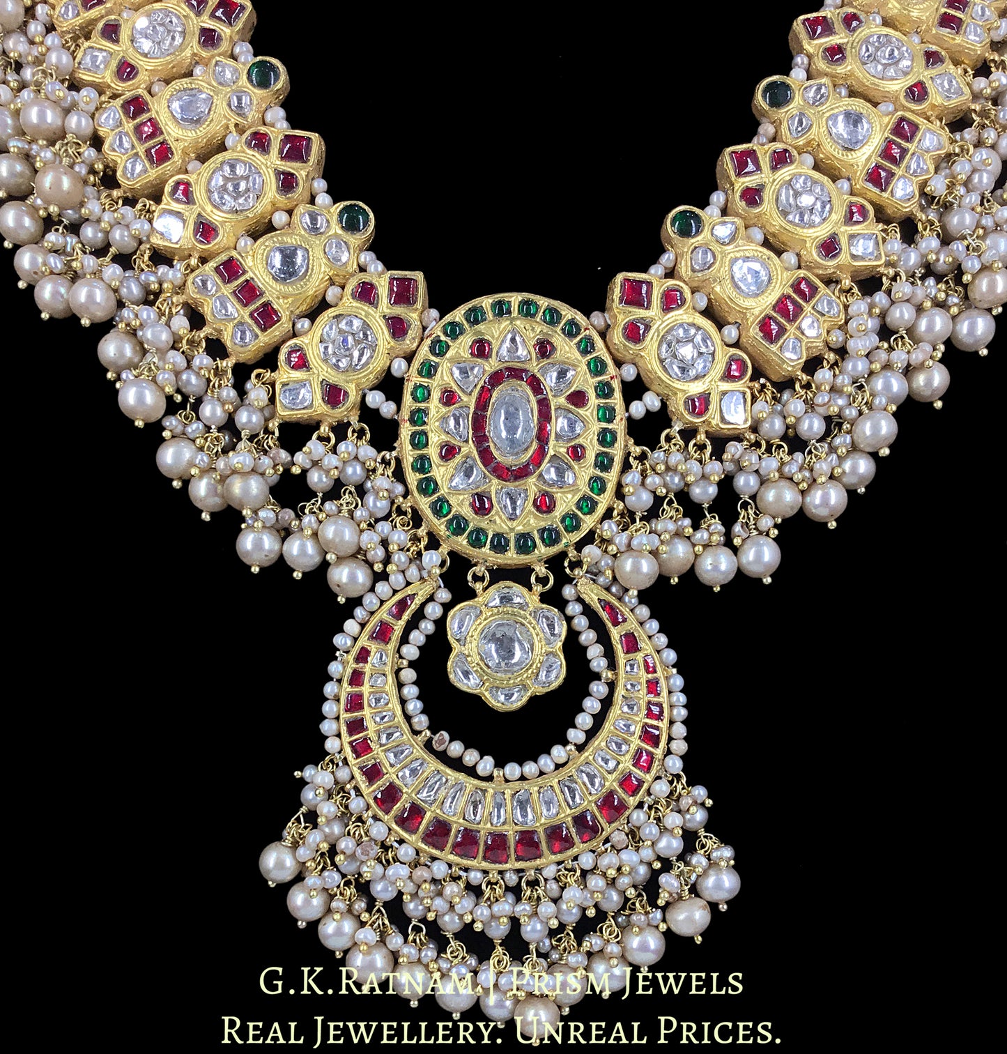 23k Gold and Diamond Polki south-style Long Necklace Set with basra-like Freshwater Pearls