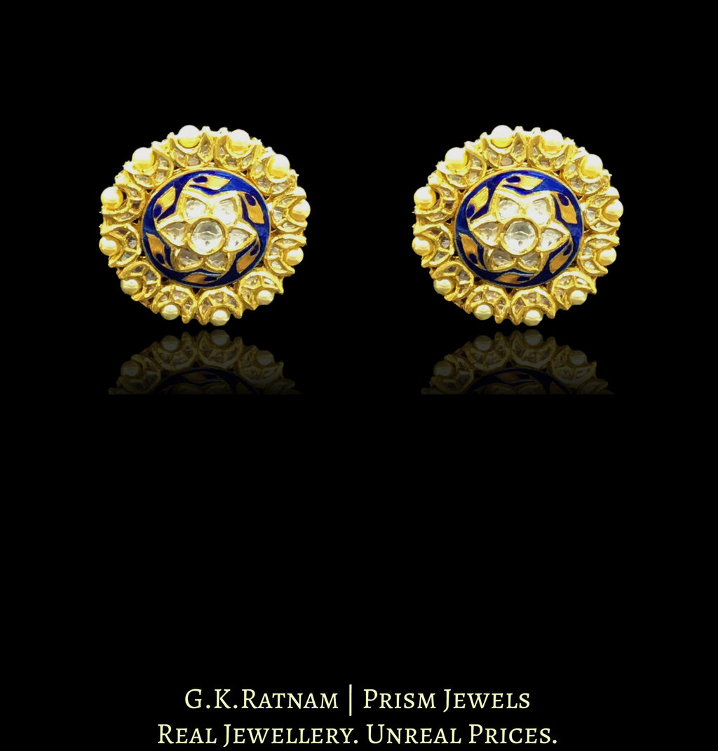 18k Gold and Diamond Polki Karnfool Pair with Blue Meenakari - G. K. Ratnam