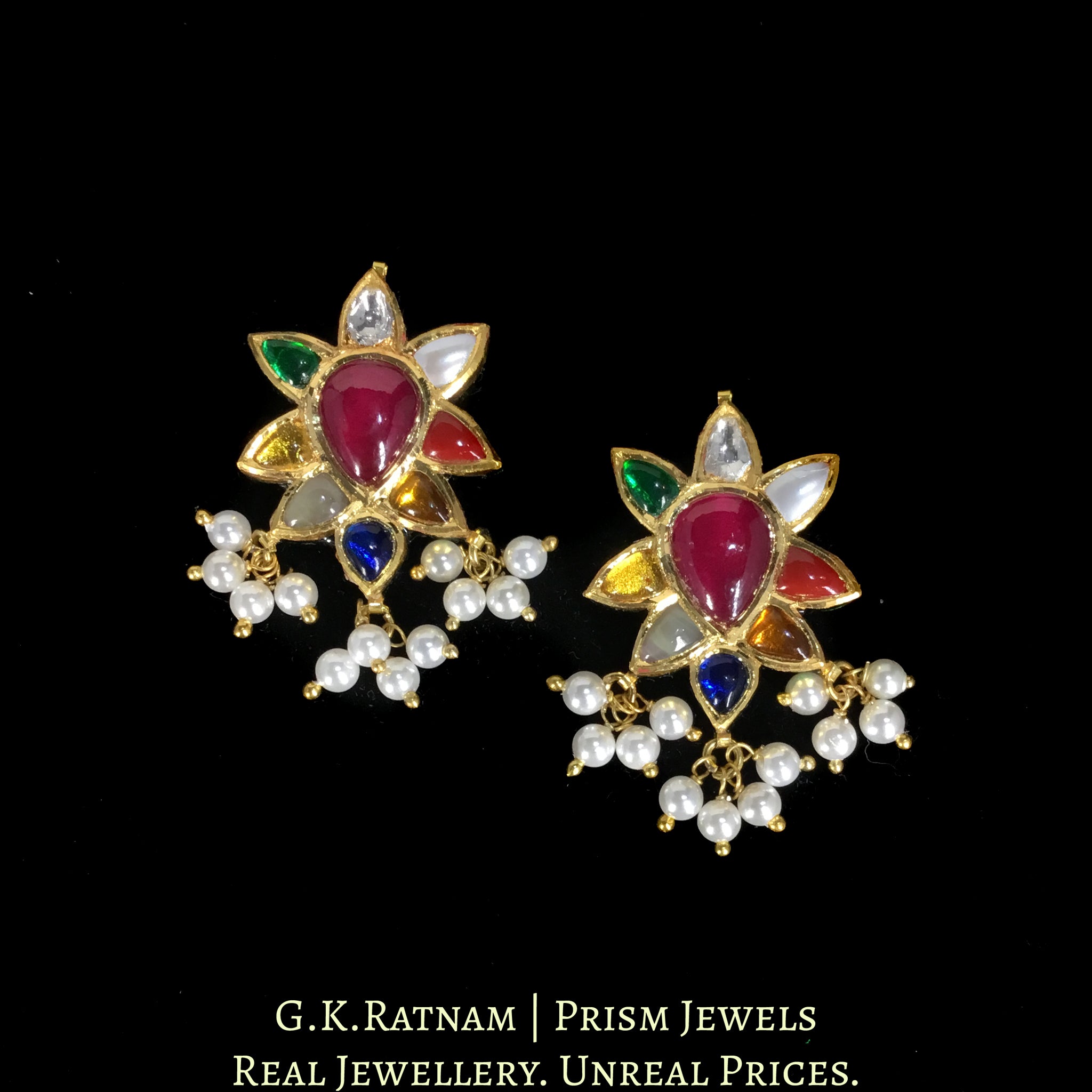 Traditional Gold and Diamond Polki Navratan Pendant Set With Chid Bunches
