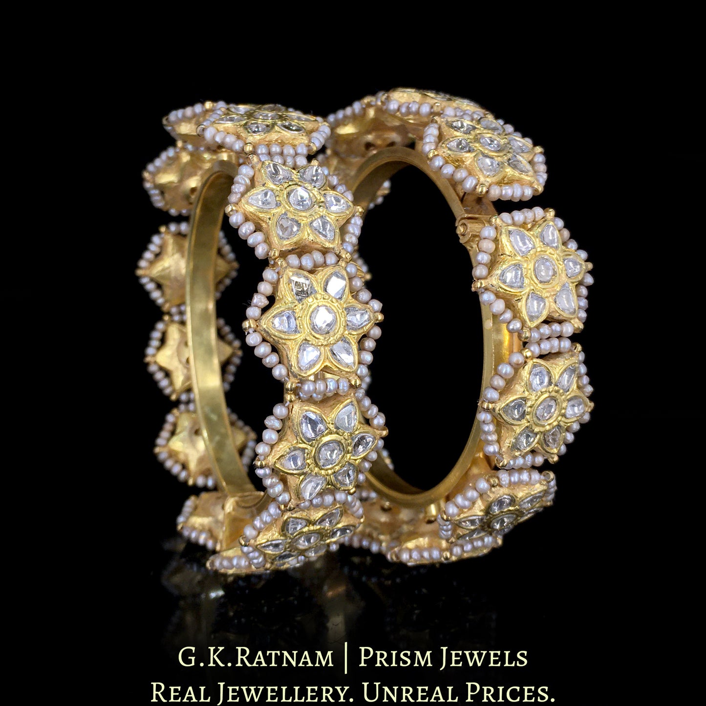 23k Gold and Diamond Polki Bangle Pair (Pacheli) with Antiqued Freshwater Pearls