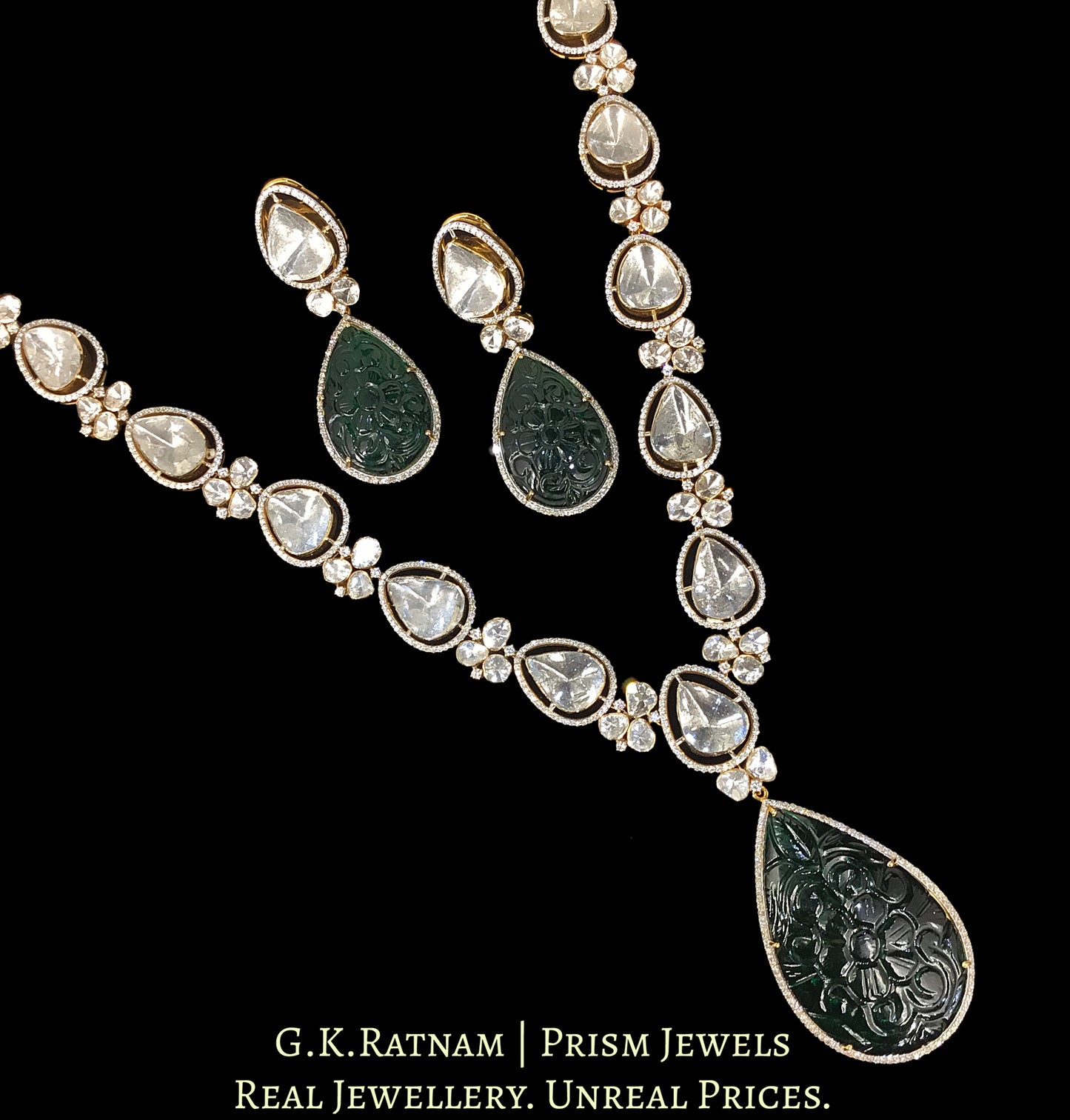 18k Gold And Diamond Polki Open Setting Necklace Set with far sized uncut diamonds