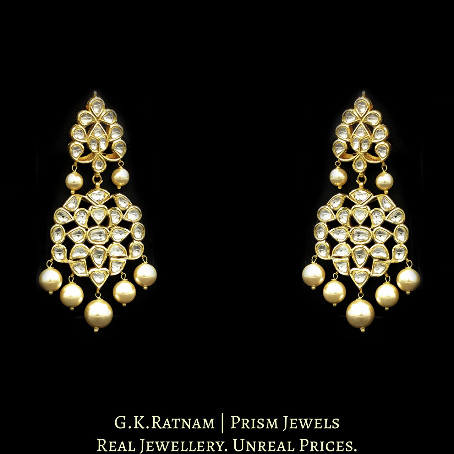 Traditional Gold and Diamond Polki five-line Necklace Set with south-sea-like pearls - G. K. Ratnam