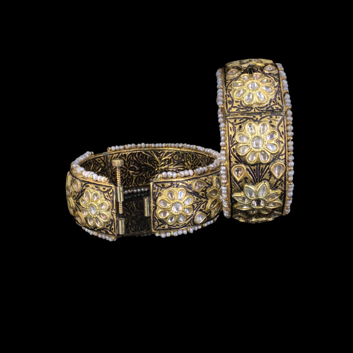 23k Gold and Diamond Polki antique-finish Bangle Pair - G. K. Ratnam