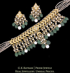23k Gold and Diamond Polki Choker Necklace Set with Antiqued Freshwater Pearls and hand-carved Melons