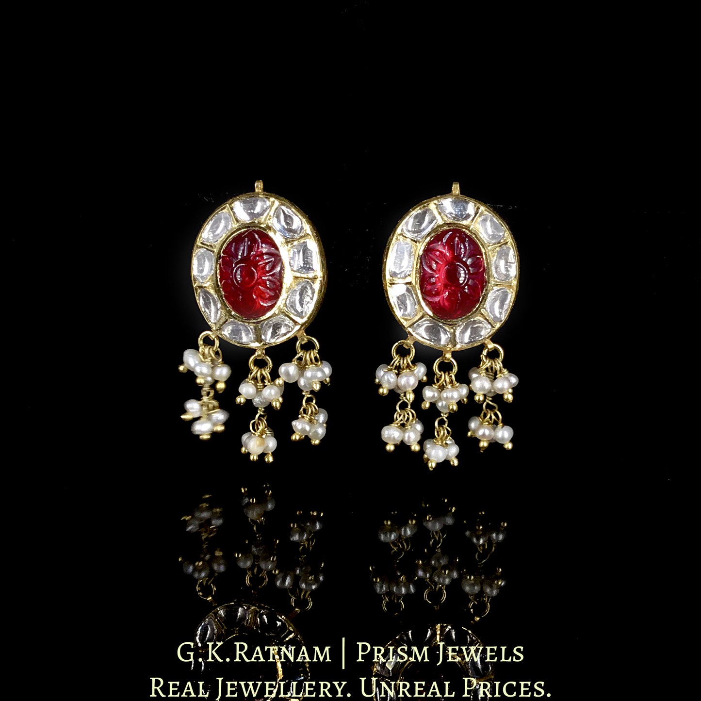 18k Gold and Diamond Polki Navratna Pendant Set With intricately carved navratans - G. K. Ratnam