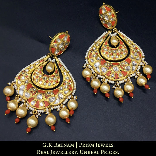 23k Gold and Diamond Polki Chand Bali Earring pair set with matte finish corals