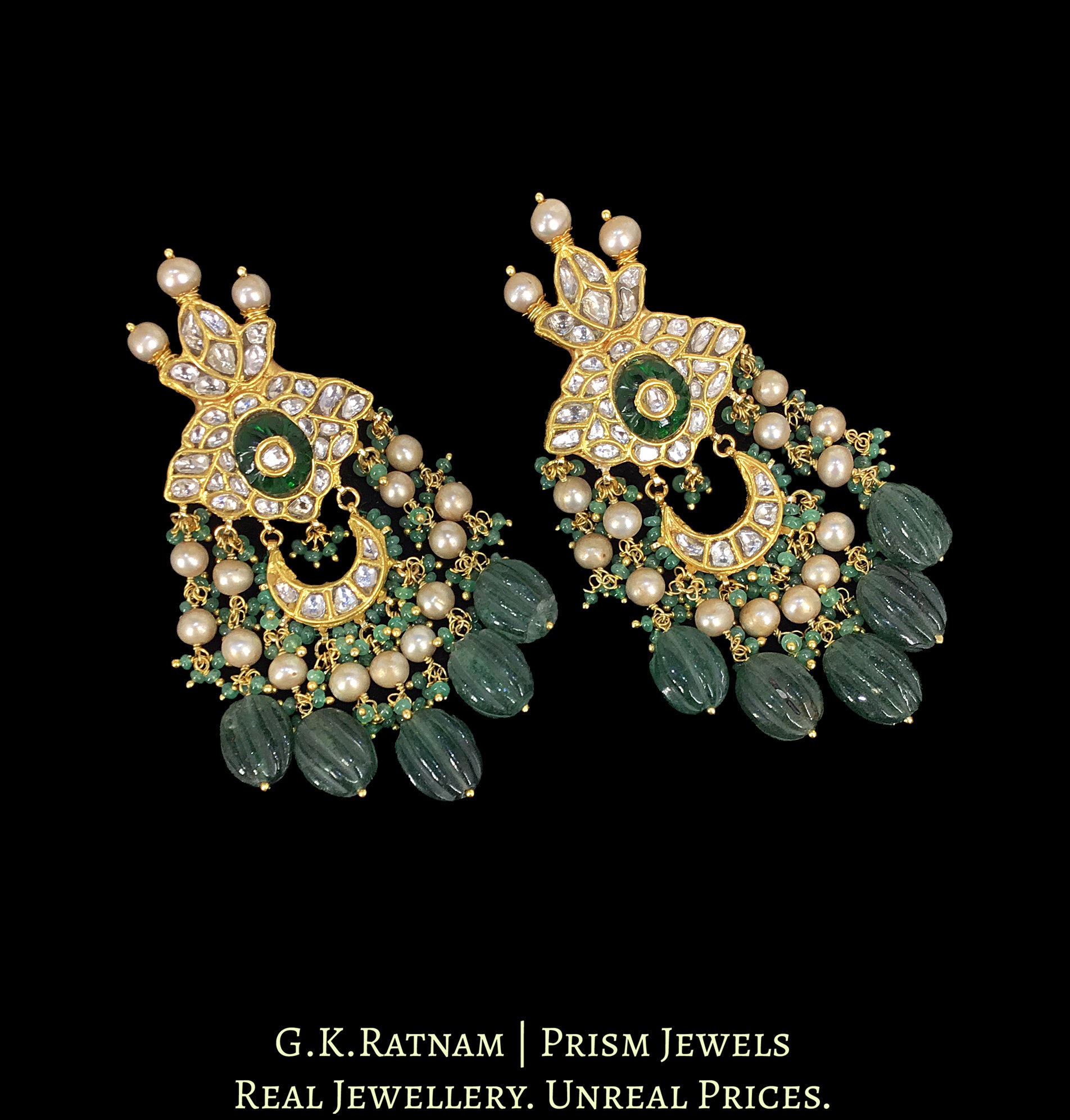 23k Gold and Diamond Polki Long Earring Pair with Antiqued Freshwater Pearls and emerald-green Strawberry Quartz Melons