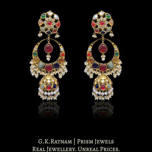 18k Gold and Diamond Polki Navratna Chand Bali with Jhumki Earring Pair - G. K. Ratnam