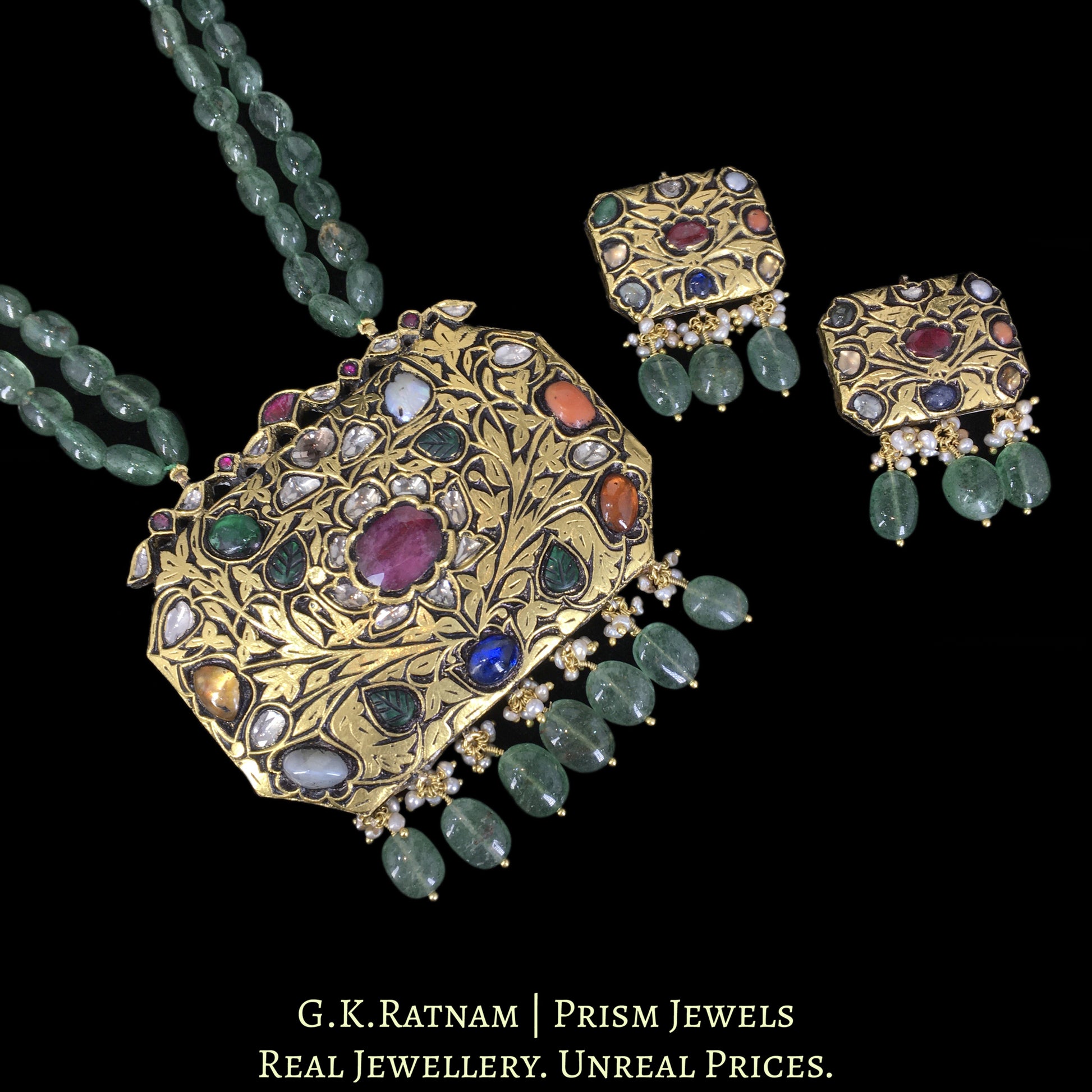 23k Gold and Diamond Polki Navratna Octagonal Pendant Set with Strawberry Quartz - G. K. Ratnam