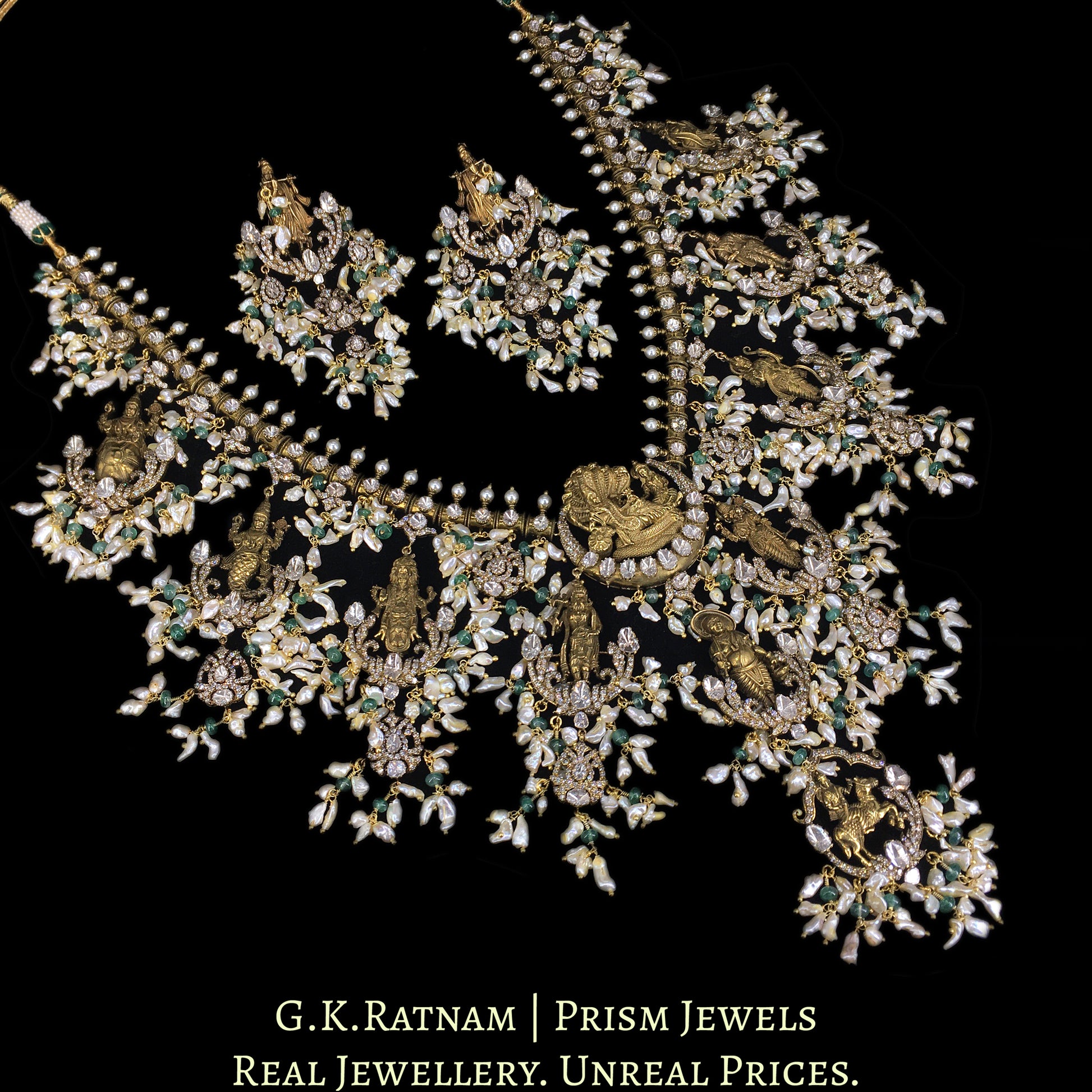 18k Gold and Diamond Polki Open Setting temple-style Guttapusalu Necklace Set in Victorian Finish - G. K. Ratnam