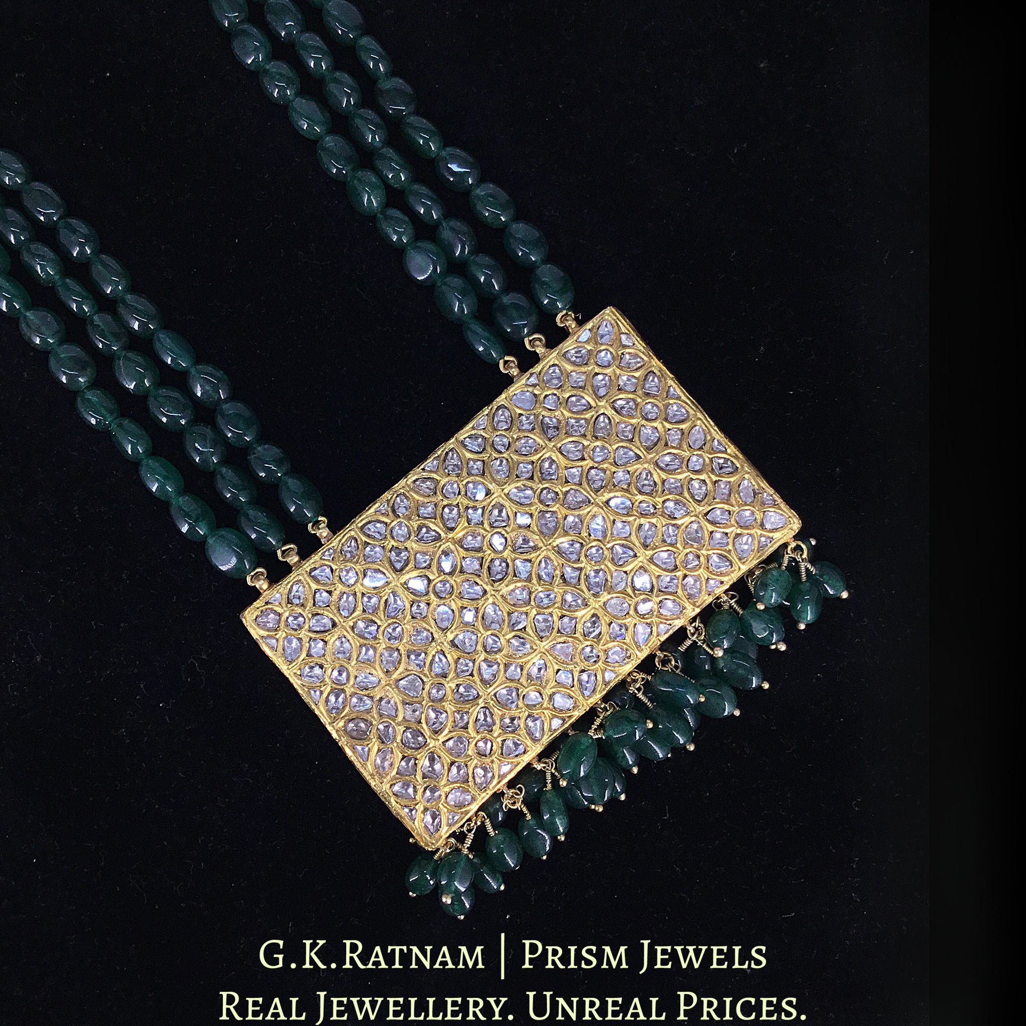 23k Gold and Diamond Polki Rectangle Pendant enhanced with emerald-grade Green Beryls