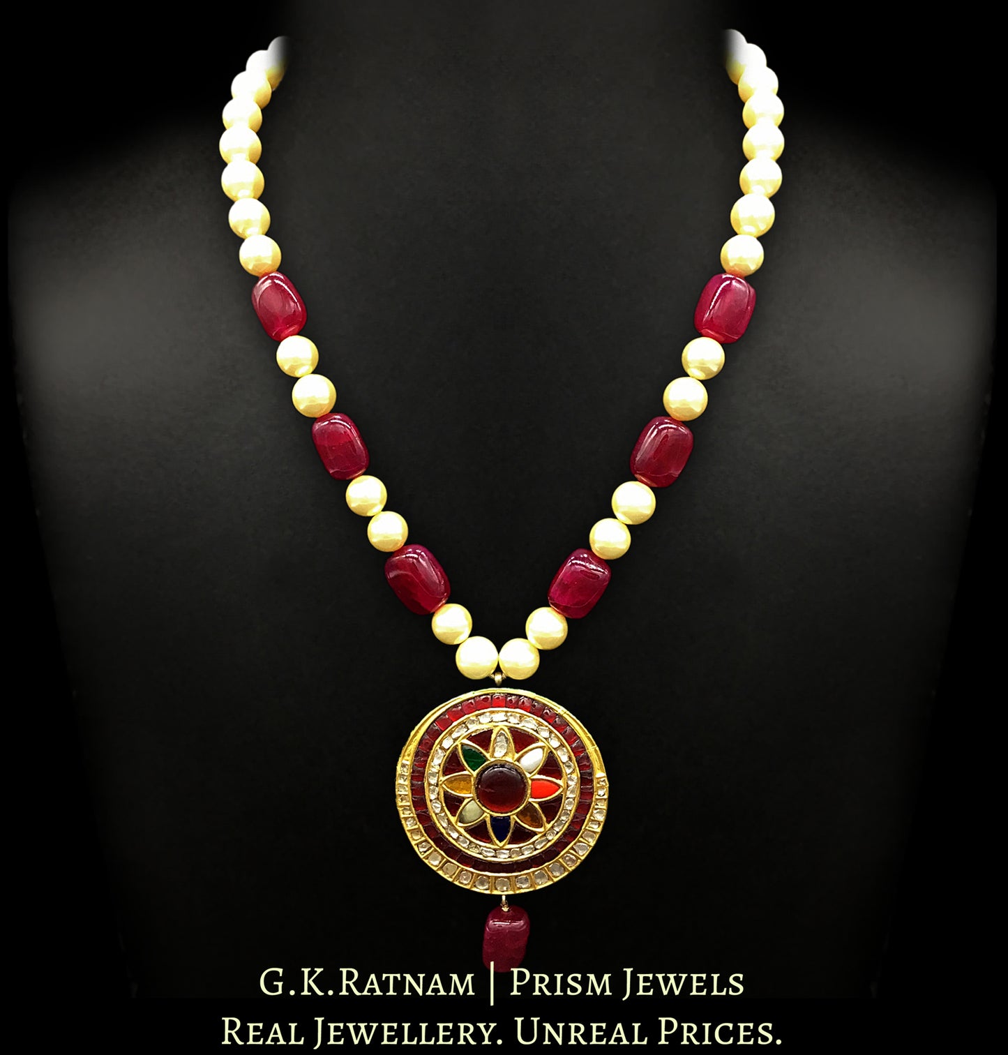 23k Gold and Diamond Polki Big Navratna Round Pendant with pearls and quartz - G. K. Ratnam