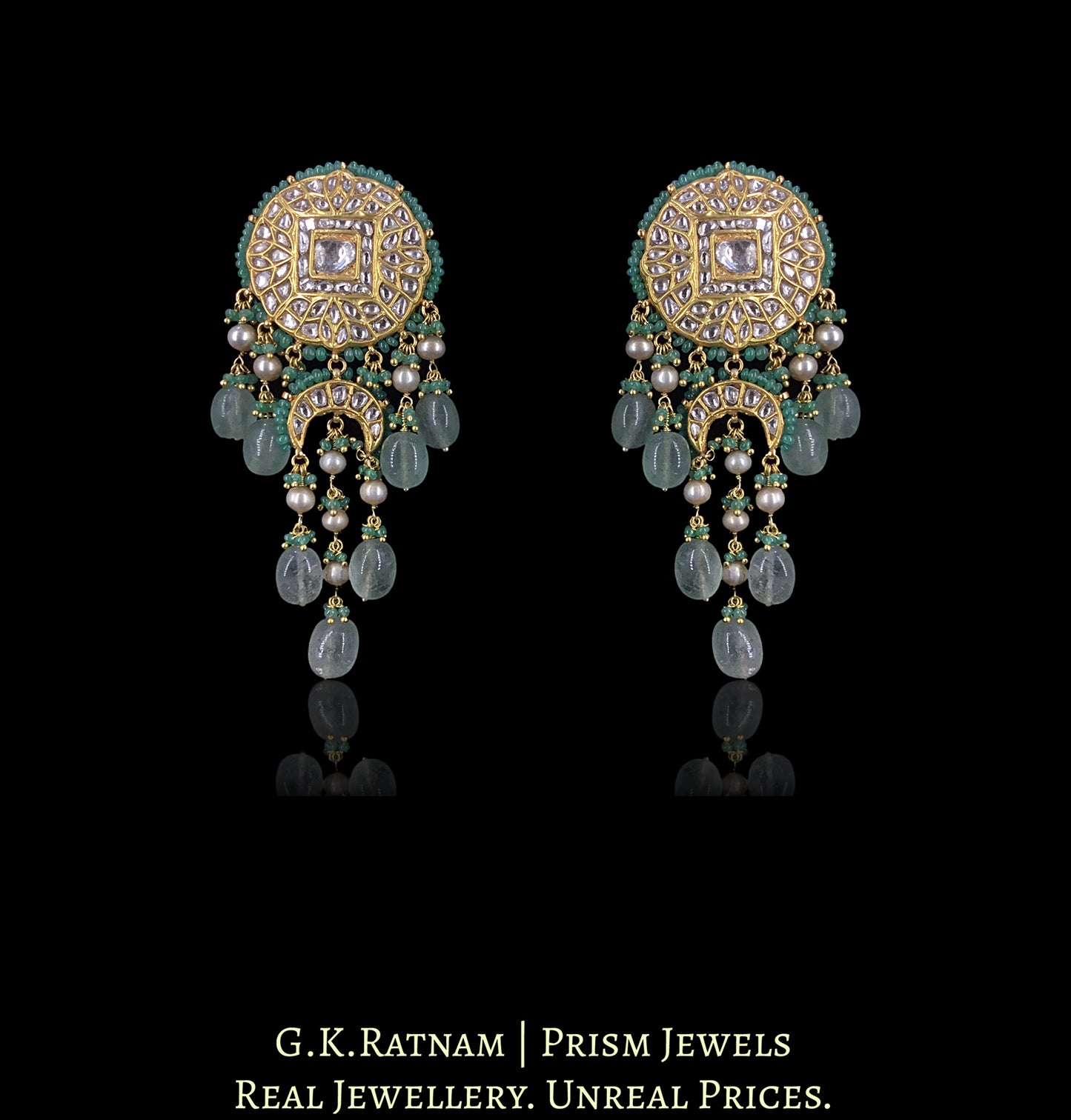 23k Gold and Diamond Polki Choker Necklace Set enhanced with Natural Emeralds, Antiqued Freshwater Pearls And Strawberry Quartz - G. K. Ratnam