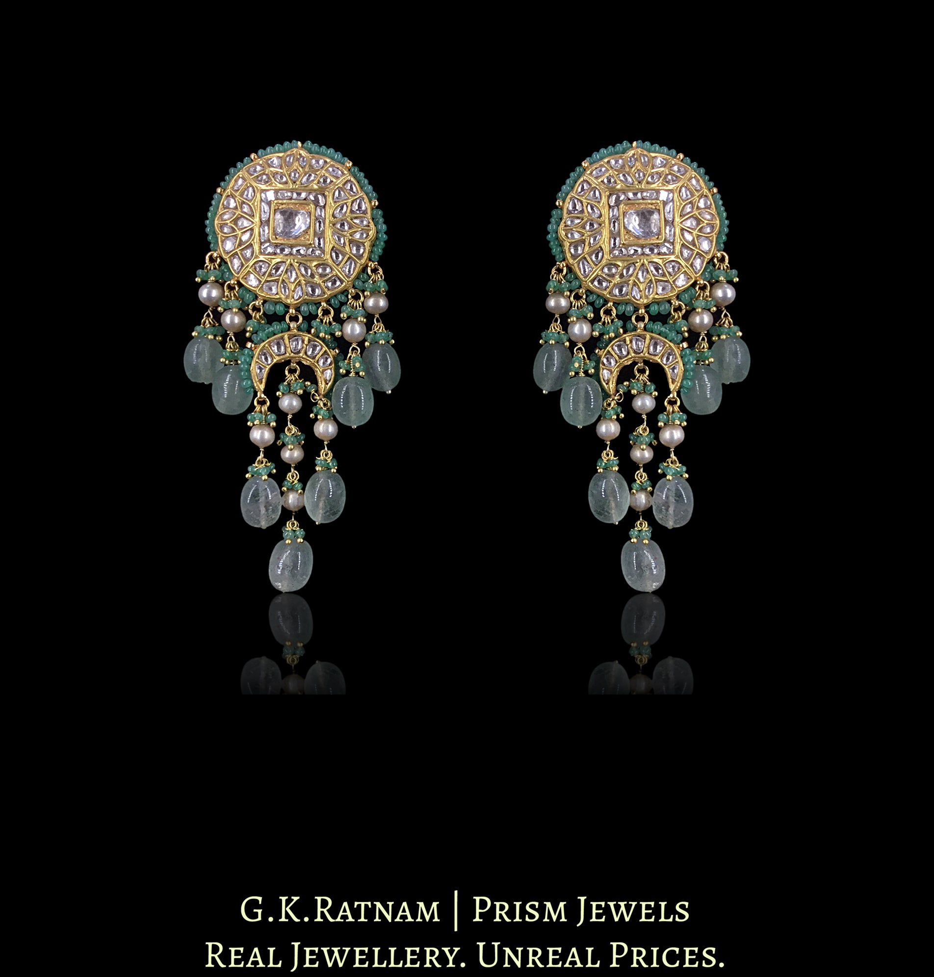 23k Gold and Diamond Polki Choker Necklace Set enhanced with Natural Emeralds, Antiqued Freshwater Pearls And Strawberry Quartz - G. K. Ratnam