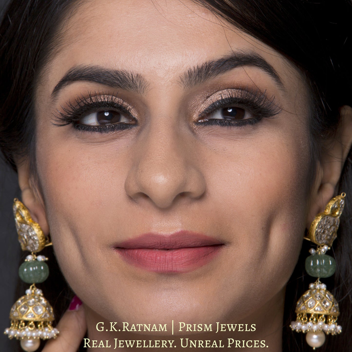 23k Gold and Diamond Polki Jhumki Earring Pair with peacock (mor) shaped tops