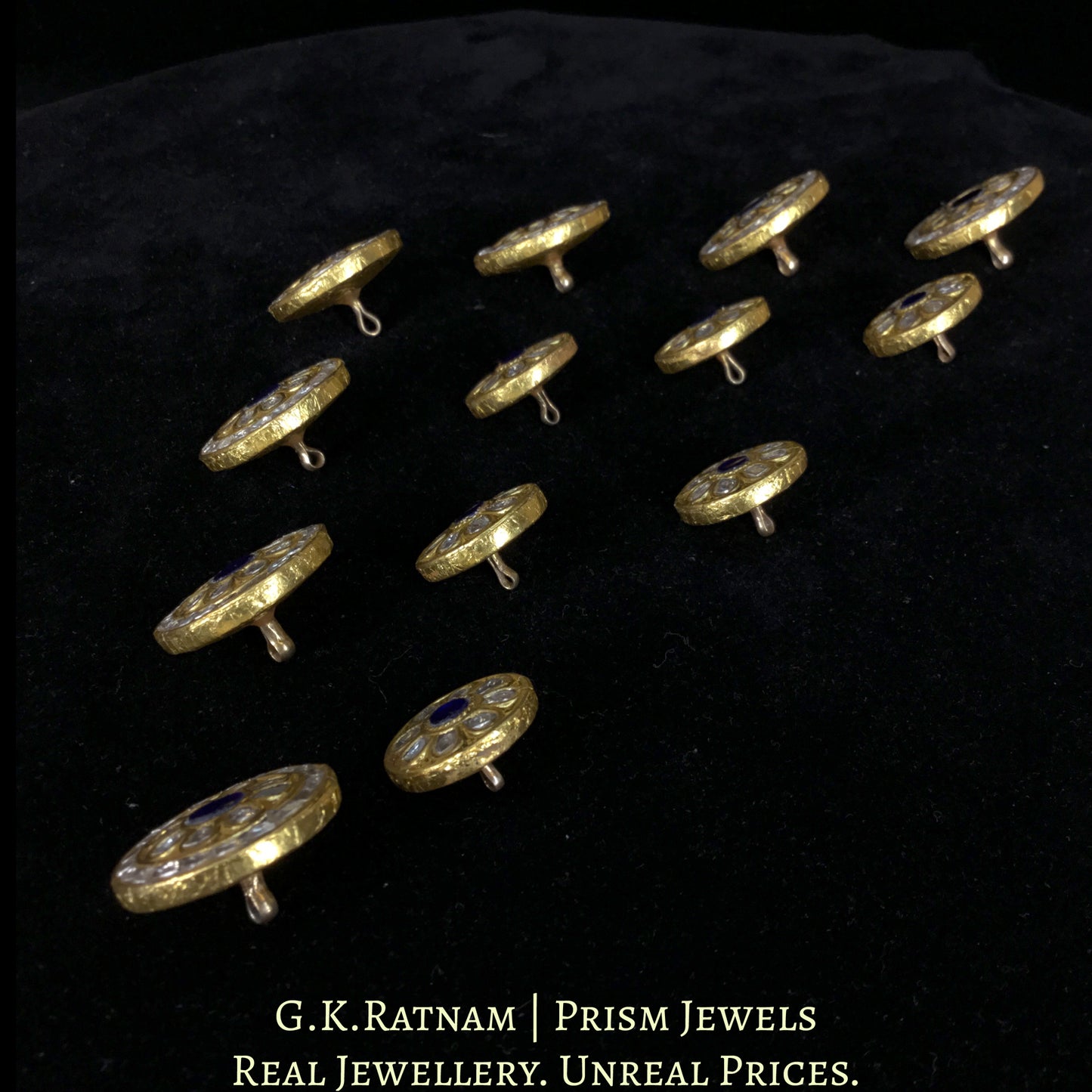 23k Gold and Diamond Polki Sherwani Buttons for Men with Blue Center - G. K. Ratnam