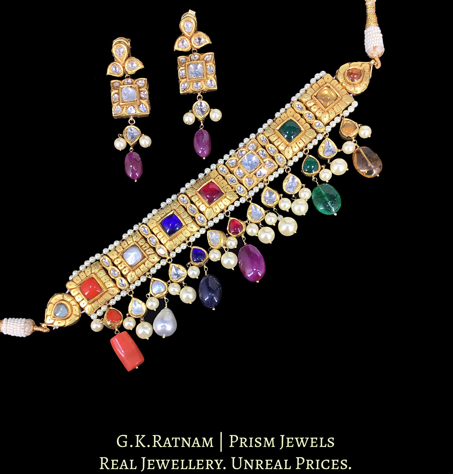 23k Gold and Diamond Polki Navratna Choker Necklace Set