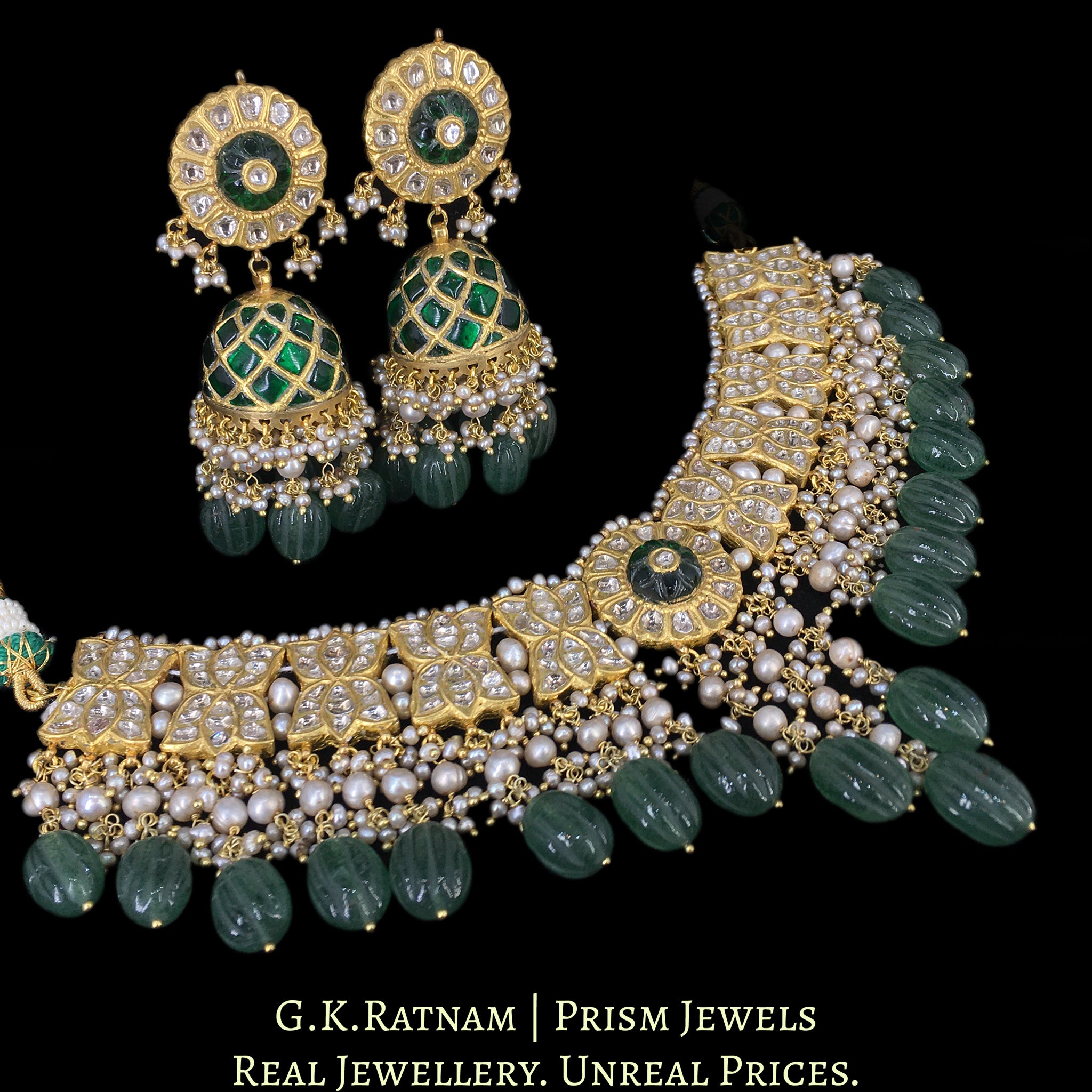 23k Gold and Diamond Polki Choker Necklace Set with basra-like Antiqued Pearls and hand-carved Melons