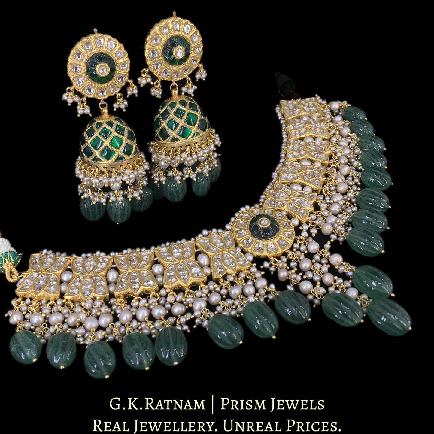 23k Gold and Diamond Polki Choker Necklace Set with basra-like Antiqued Pearls and hand-carved Melons