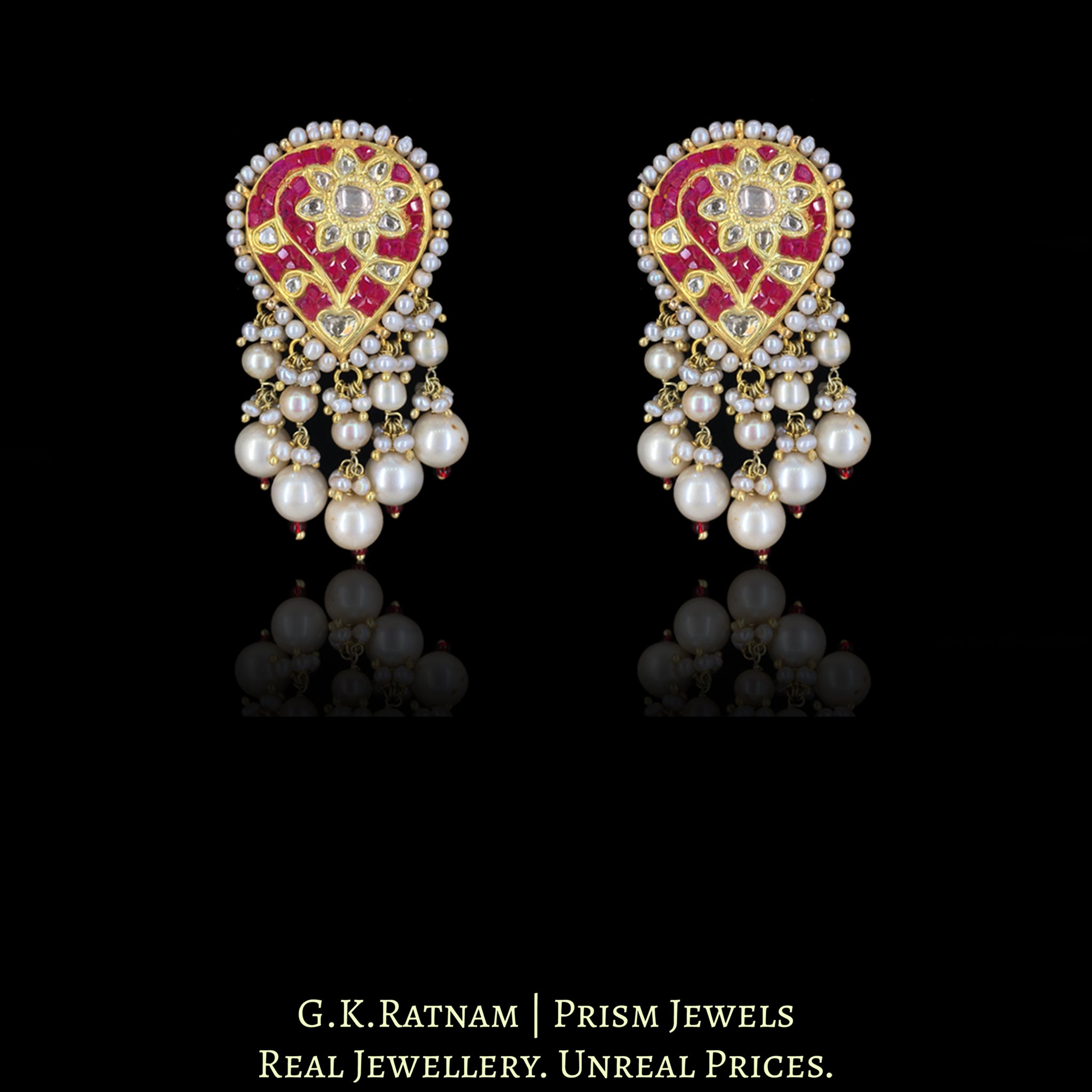 23k Gold and Diamond Polki Pendant Set with Rubies and Antiqued Hyderabadi Pearls