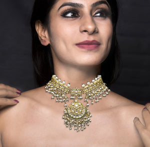 18k Gold and Diamond Polki Choker Necklace Set with Lotus Motifs enhanced in Natural Freshwater Rice Pearls