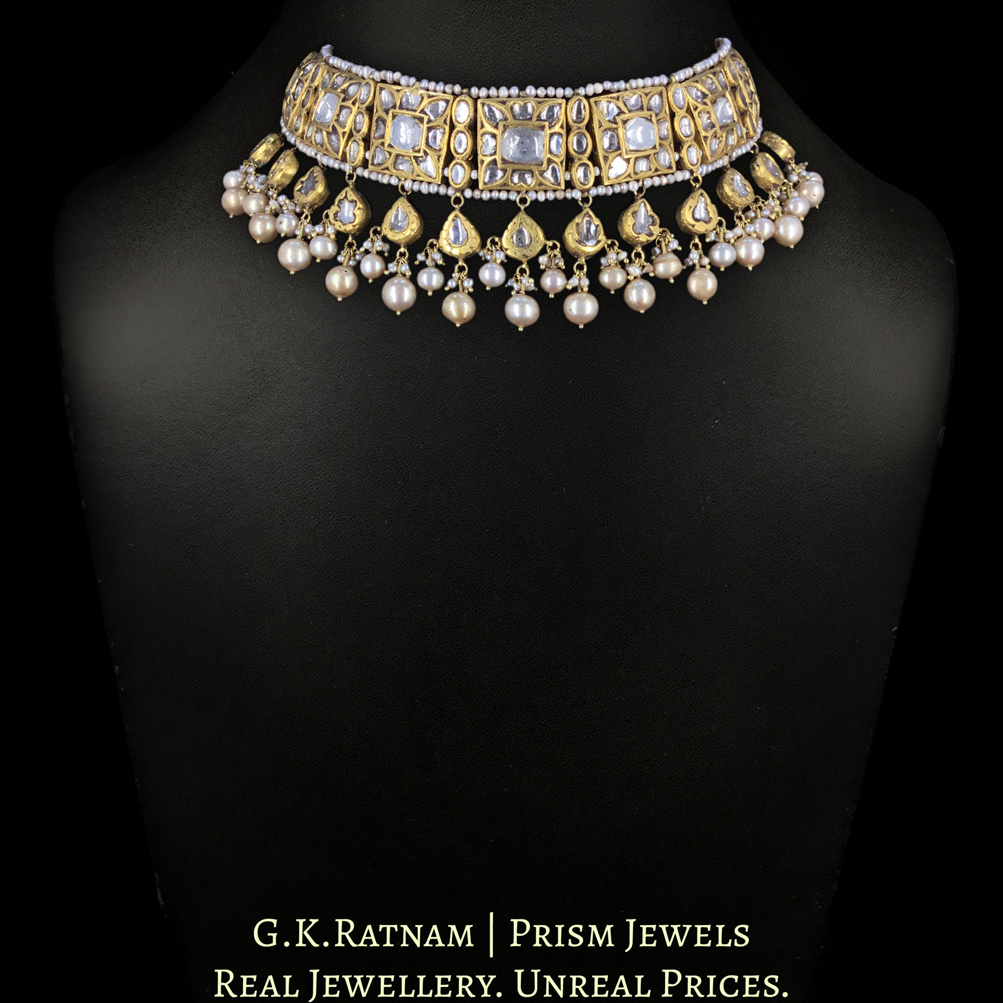 23k Gold and Diamond Polki Choker Necklace Set with basra-like Antiqued Hyderabadi Pearls