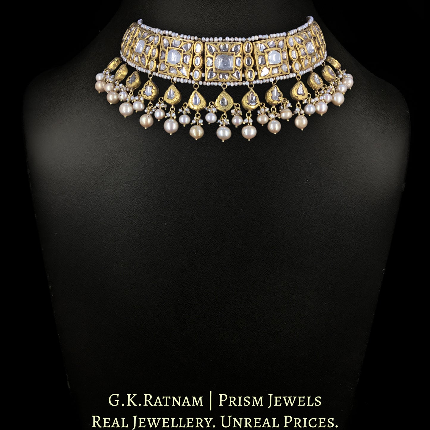 23k Gold and Diamond Polki Choker Necklace Set with basra-like Antiqued Hyderabadi Pearls - G. K. Ratnam