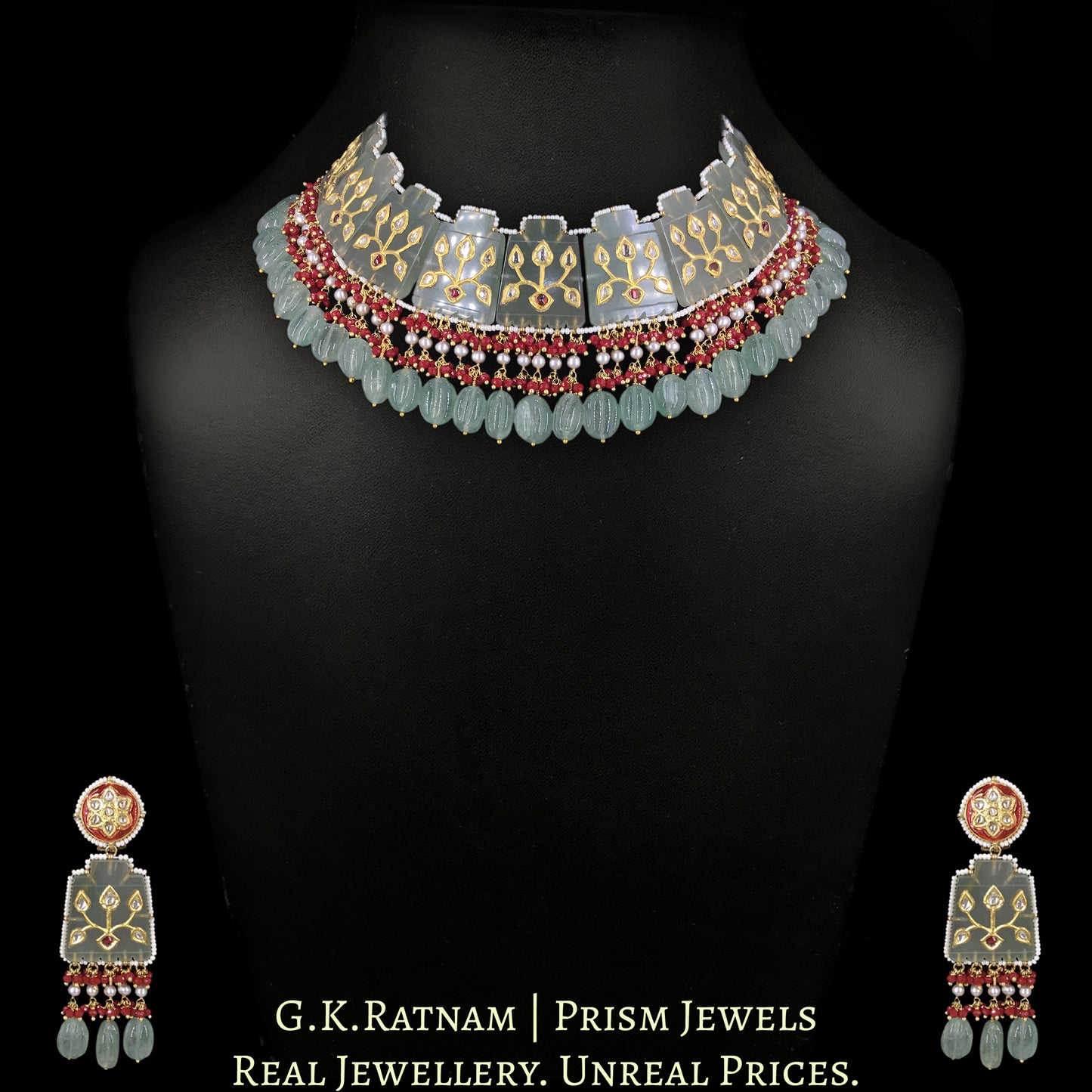 23k Gold and Diamond Polki Necklace Set with intricate Polki Inlays