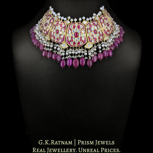 23K Gold and Diamond Polki Choker Necklace with octagonal motifs strung in Antiqued Freshwater Pearls & Rubies - G. K. Ratnam