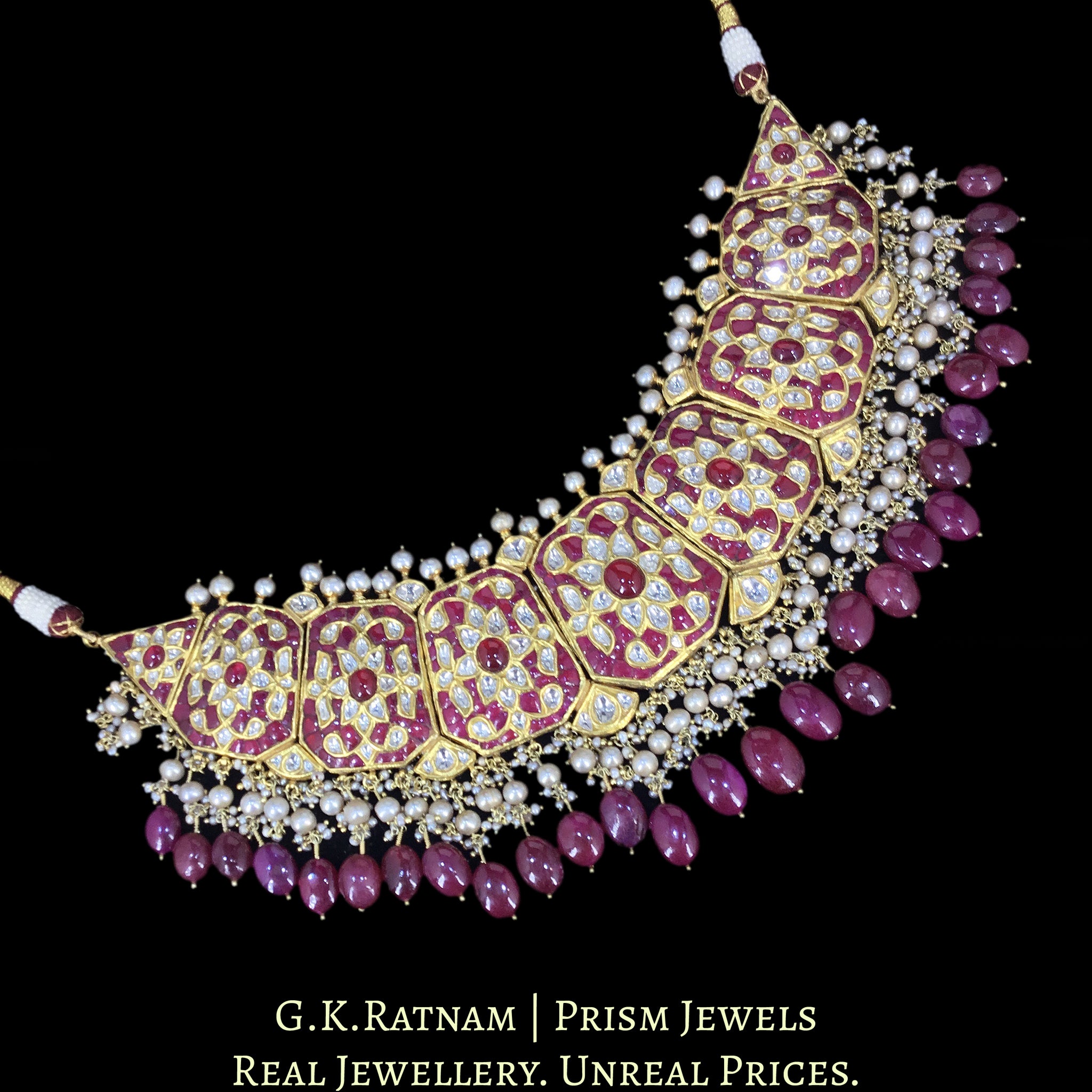 23K Gold and Diamond Polki Choker Necklace with octagonal motifs strung in Antiqued Freshwater Pearls & Rubies