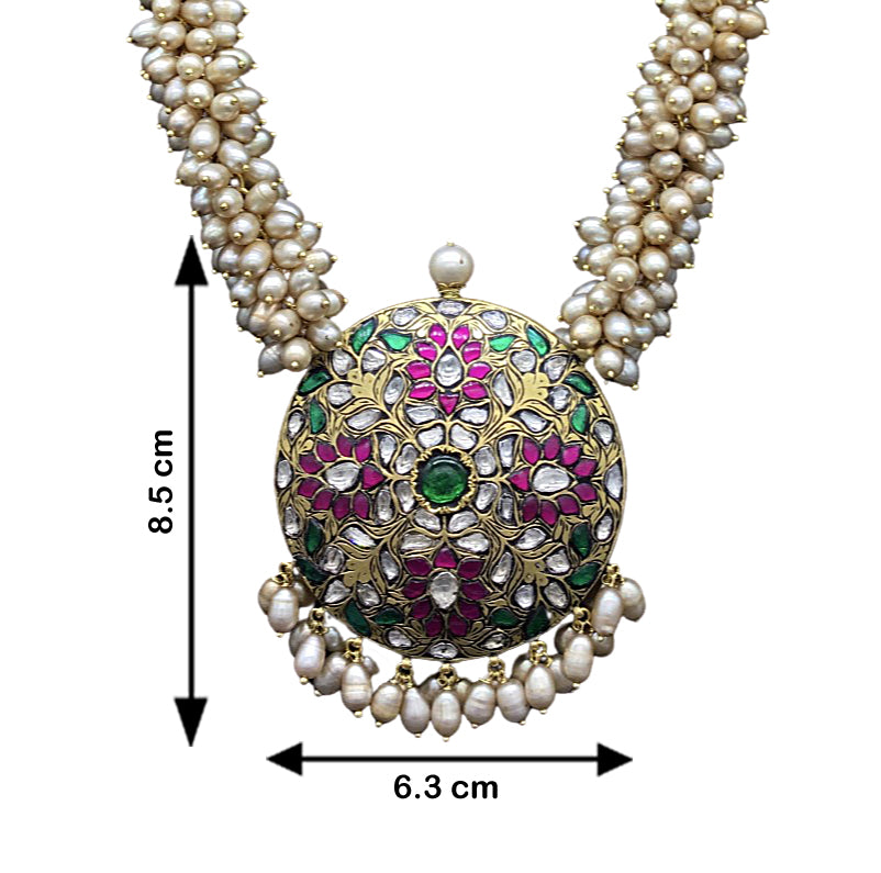 22k Gold and Diamond Polki Reversible Pendant with Antiqued Freshwater Pearl Chains